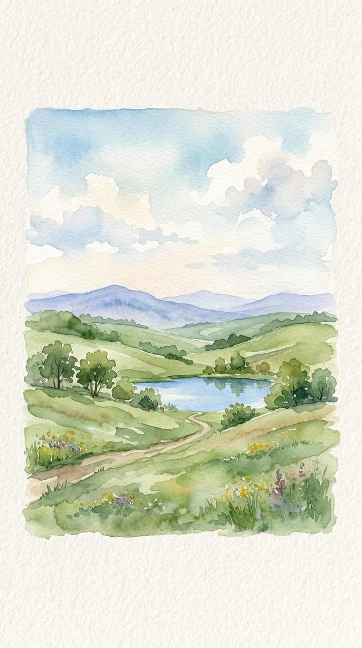 Pintura em aquarela de uma paisagem com lago