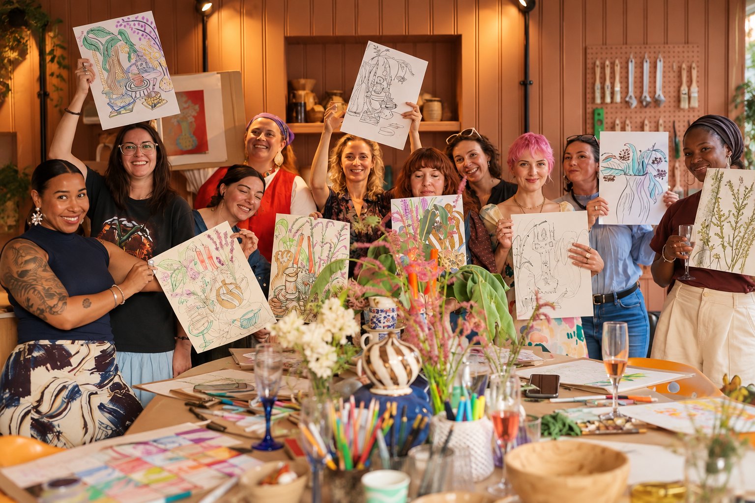 Grupo sorrindo e mostrando os desenhos criados em uma experiência de Arteterapia