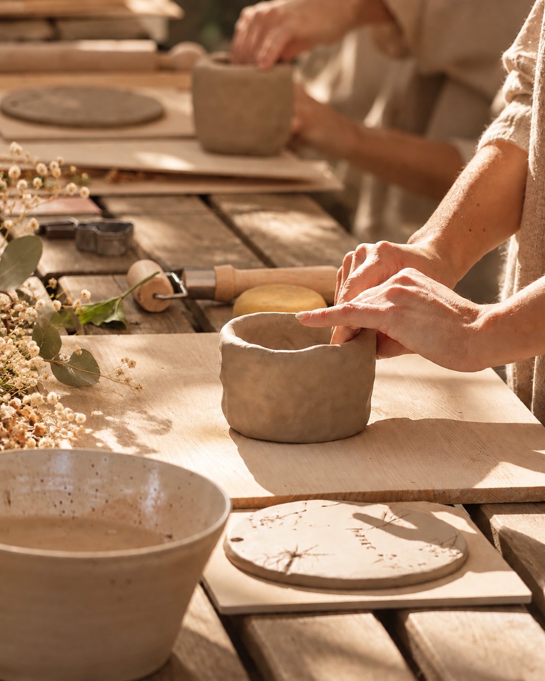 Mãos modelando uma tigela de argila em uma mesa de cerâmica