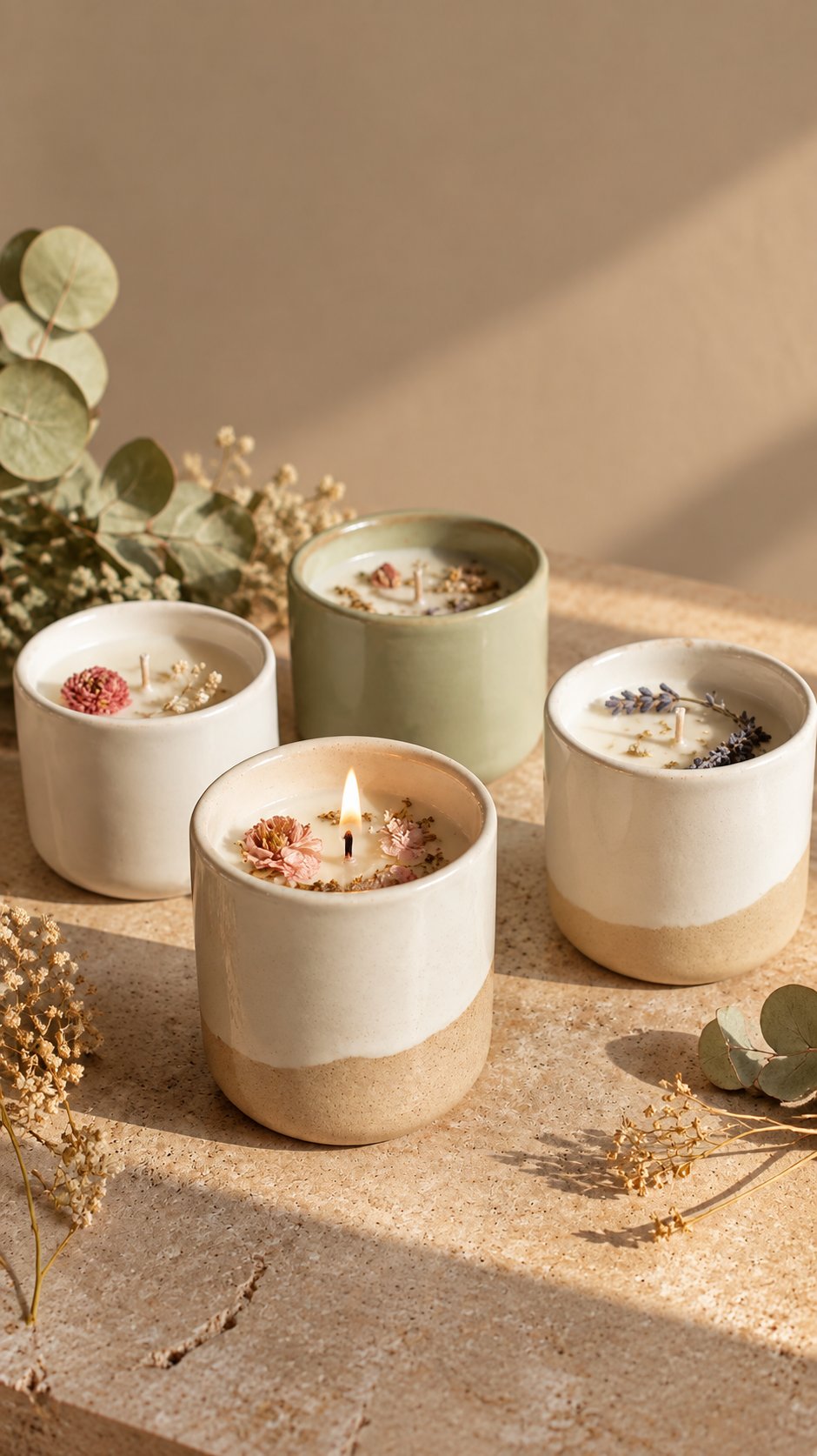 Velas artesanais em potes de cerâmica com flores secas
