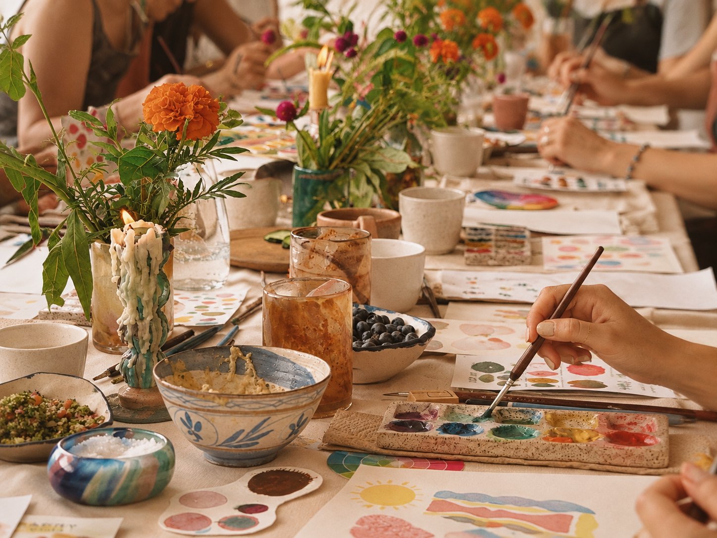 Mesa de aquarela com tintas, pincéis e flores durante uma experiência da Elarah